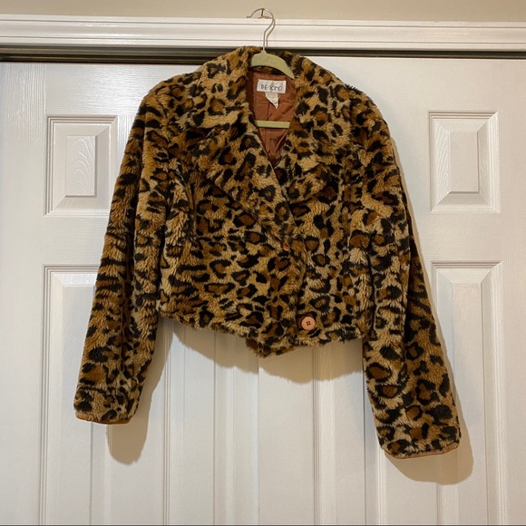 Vintage 90s fuzzy faux fur cropped chunky jacket S leopard cheetah - Picture 4 of 12